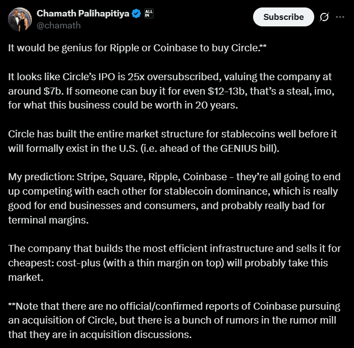 Chamath insists Coinbase or Ripple buy Circle